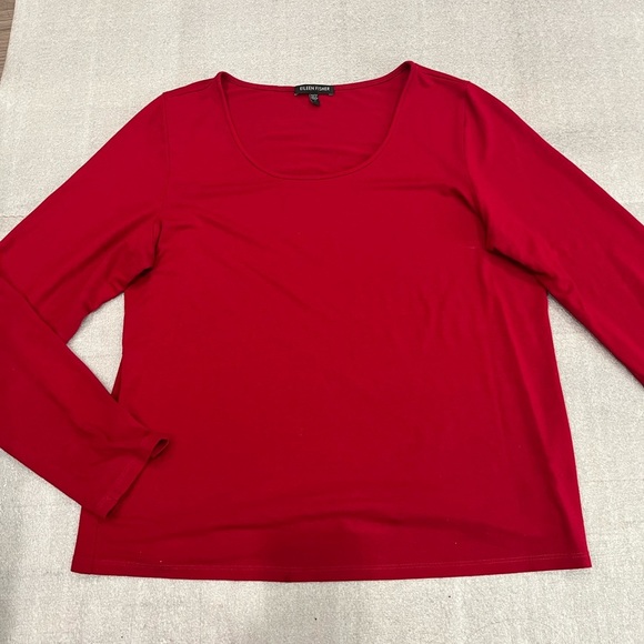 [L]EILEEN FISHER Top Rayon Stretch Jersey Round Neck Long Sleeve Red USA - Picture 3 of 7